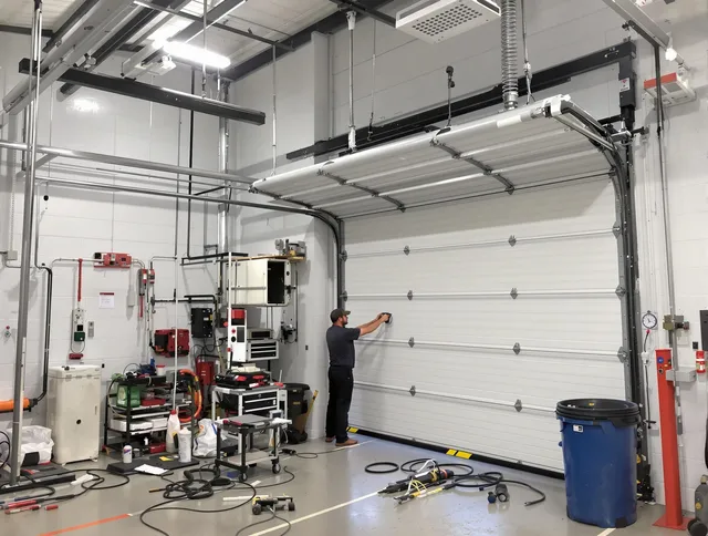 Cleveland Garage Door Repair certified technician performing commercial door repair at a Cleveland business facility