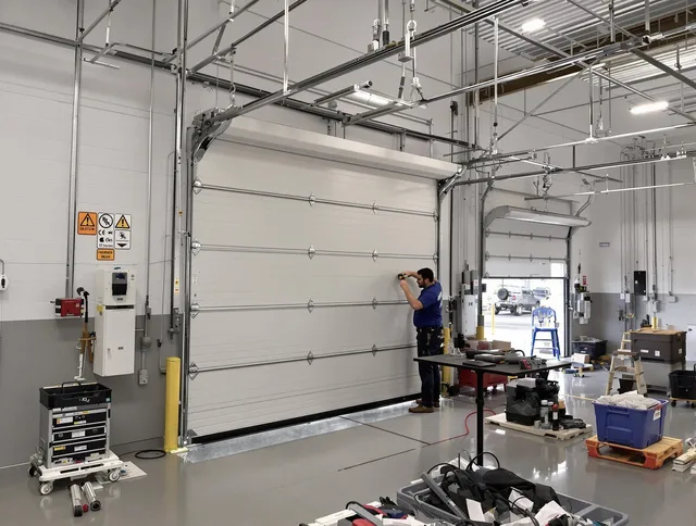 Commercial garage door repair being performed by Cleveland Garage Door Repair expert in Cleveland