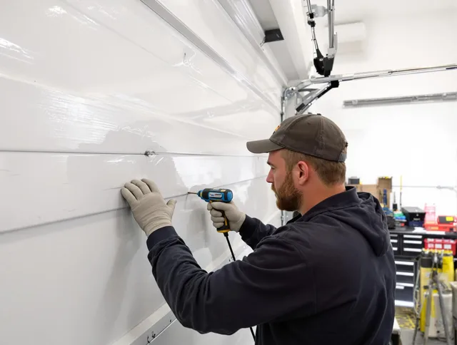 Cleveland Garage Door Repair technician demonstrating precision dent removal techniques on a Cleveland garage door