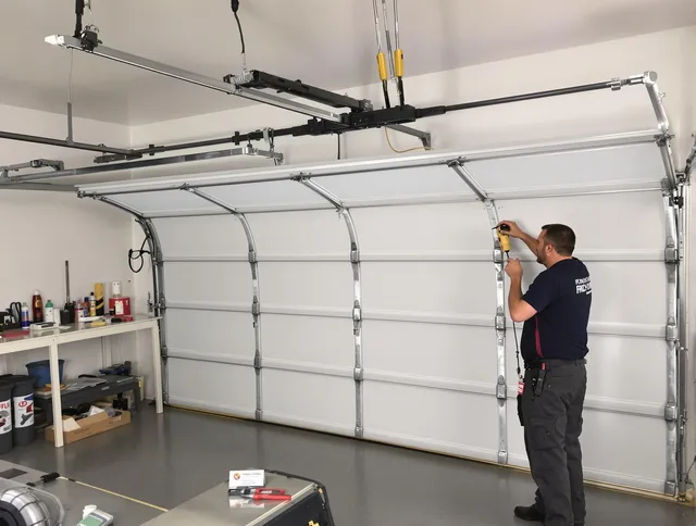 Cleveland Garage Door Repair certified technician performing overhead door system repair in Cleveland
