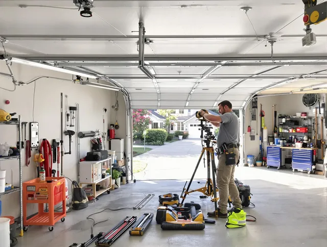 Cleveland Garage Door Repair specialist performing laser-guided track alignment in Cleveland